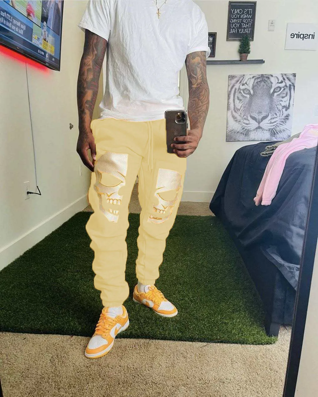 Custom LOGO Mens Fleece Autumn Winter Straight Skull Print Trousers Loose Stacked Sweatpants for men