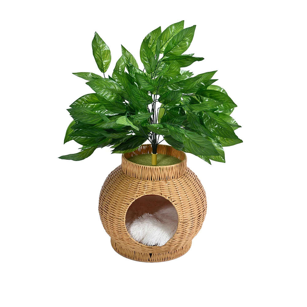 Cat Tree with Leaves Rattan Cat Bed Nest Semi-Closed Wicker Interactive Cat Condo Play House for Indoors