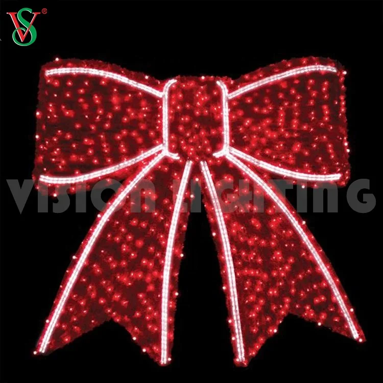 Outdoor 3D Large Illuminated Red Bow Knot Motif Decorative Light with Ribbon