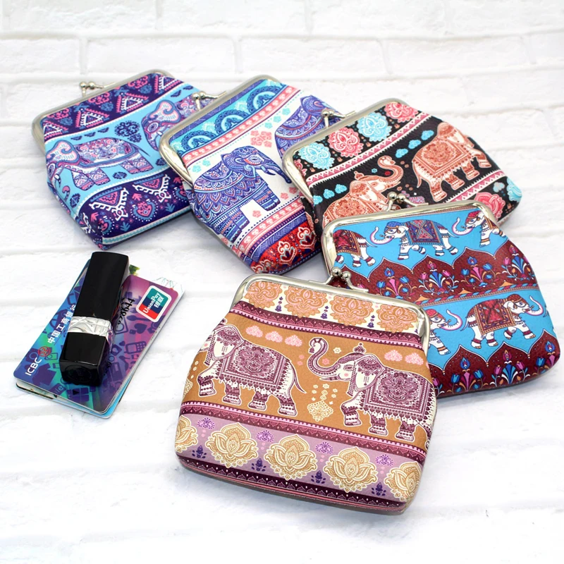 New Bohemian Canvas PU Print Small Wallet Women Wholesale Ethnic Elephant Coin Purses
