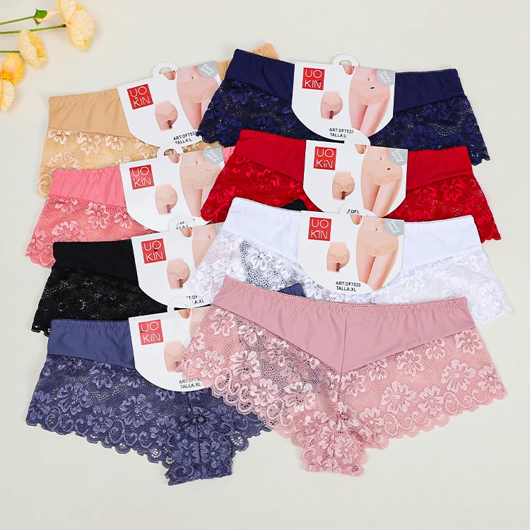 UOKIN Women nylon spandex bikini panties witn full lace back mix  solid colors white and pink panty  sexy Transparent underwear