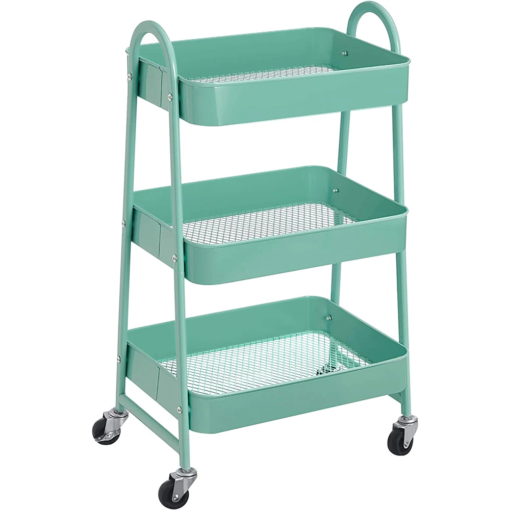 3 Tier Mesh Utility Cart Rolling Metal Organization Cart with Handle and Lockable Wheels