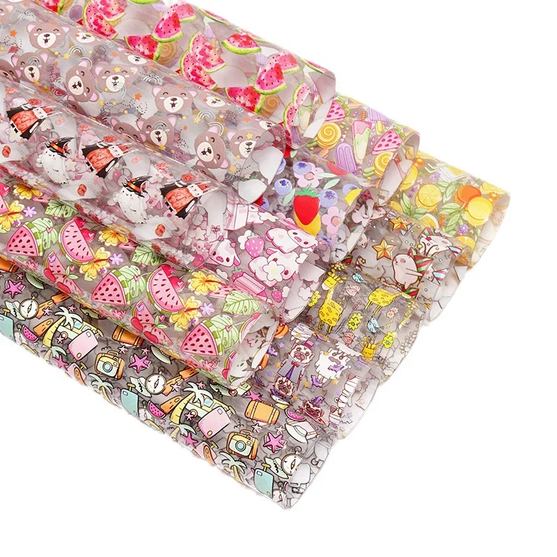 30*120Cm Custom Printing Wholesale Jelly Transparent Faux Leather Roll Pvc Vinyl Fabric For Handbags Bows