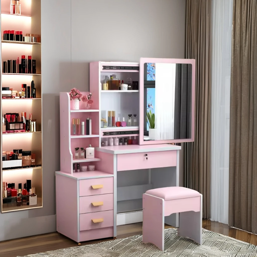 customized modern design mdf makeup wooden table girls dressing table makeup vanities with sliding mirror and drawers