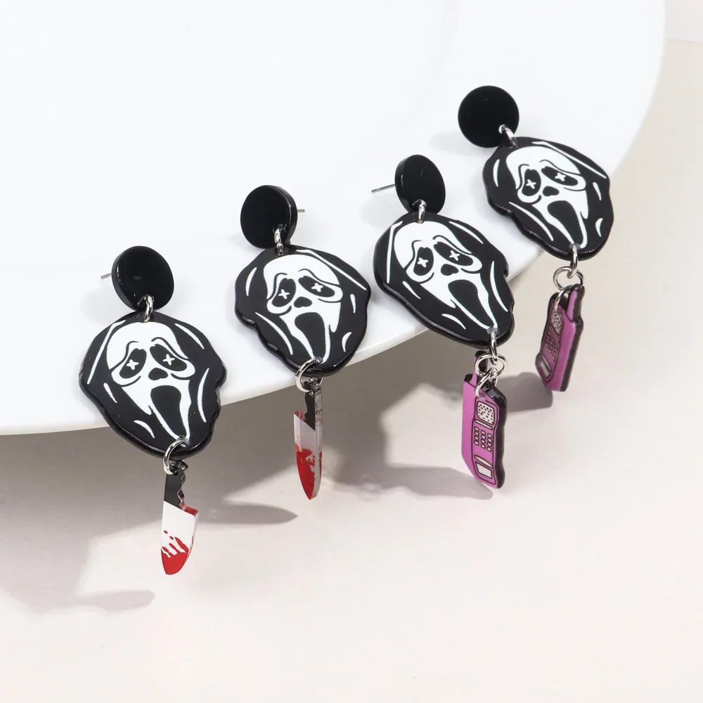 Removable Earrings Phone Dagger Knife Blood Spooky Ghost Skull Halloween New Hip Hop Party Acrylic Drop Earrings for Women