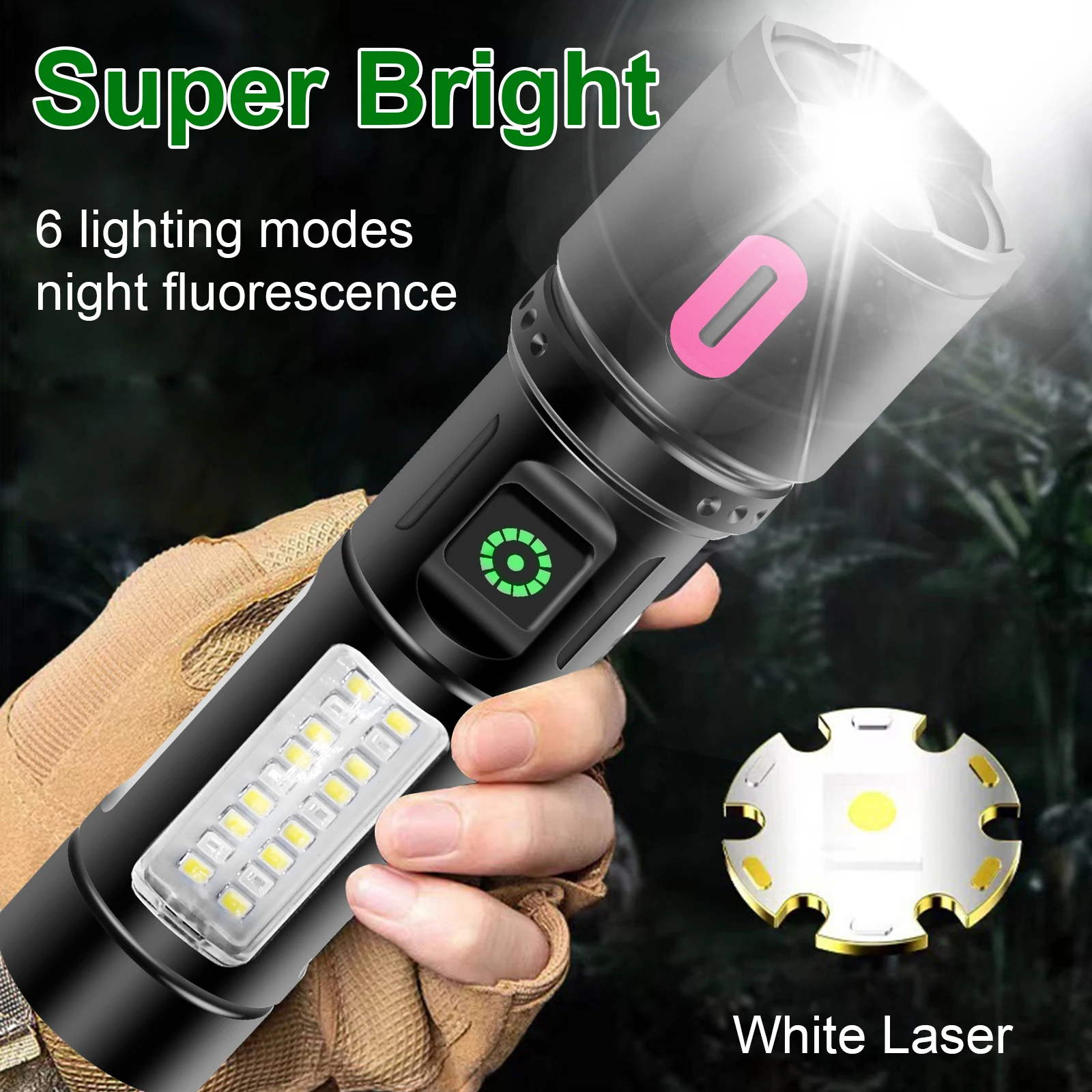 Flashlights and Torches High Brightness White Laser Red SMD Side Light Scalable Zoom Waterproof LED Tactical Flashlight