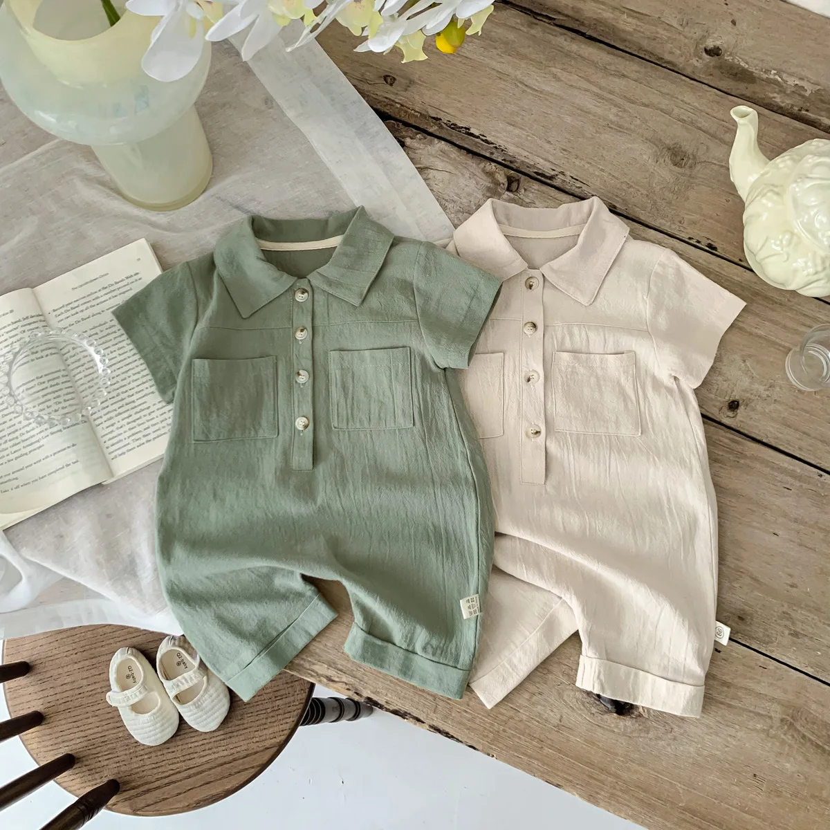 2024 Summer New Baby Romper Baby Solid Color Cotton Short Sleeve Romper Boys And Girls Clothing