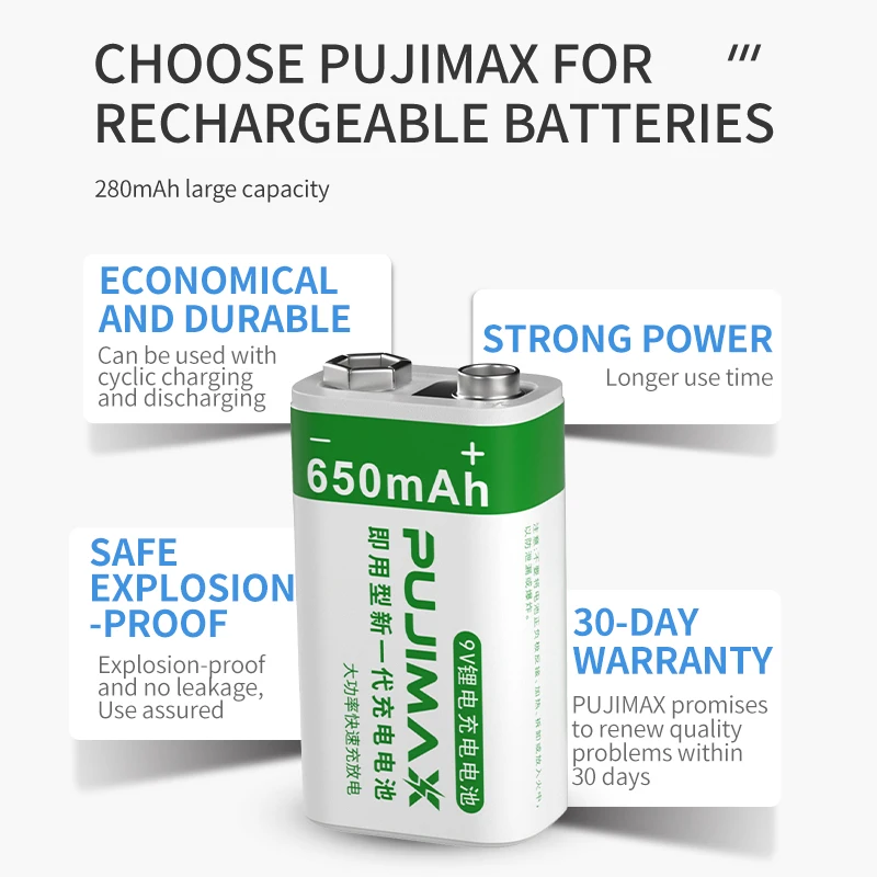 PUJIMAX 2pcs rechargeable 650mAh 9V li-ion battery for electric guitar walkie talkie metal detector massager toy remote