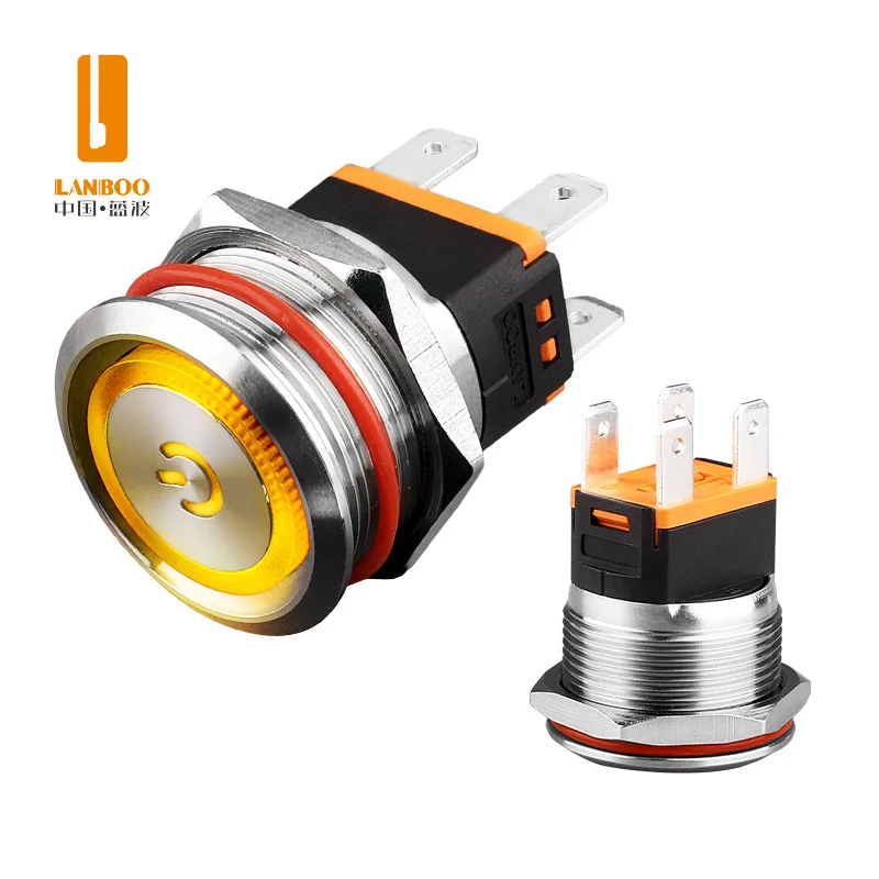 LANBOO 12mm 16mm 19mm 22mm Safety High Current Metal Button Switch Self-locking Reset With Light 220V