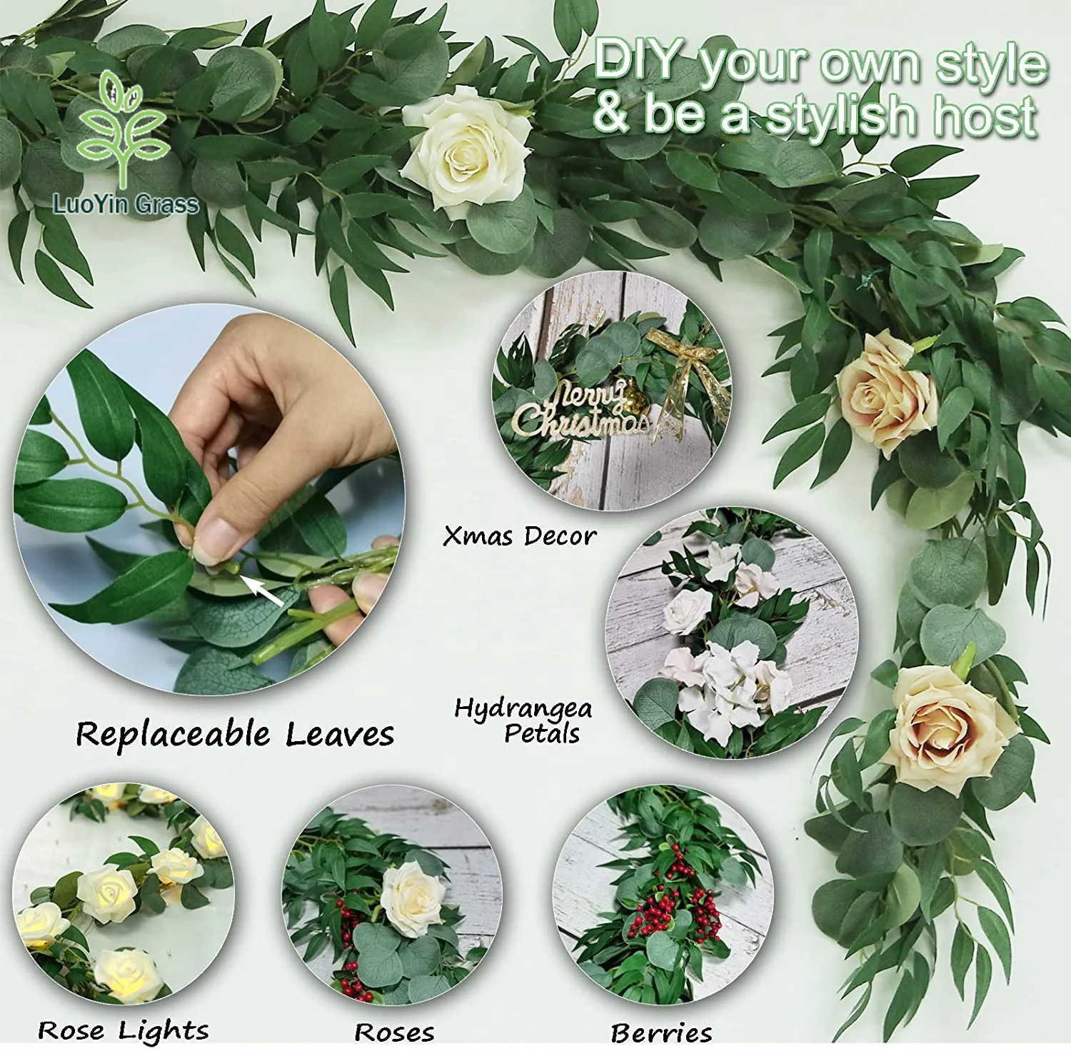 Greenery Garlands 6.56FT Artificial Eucalyptus Garland with Willow Leaves Faux Silver Dollar Leave Vines for Wedding Arch Table