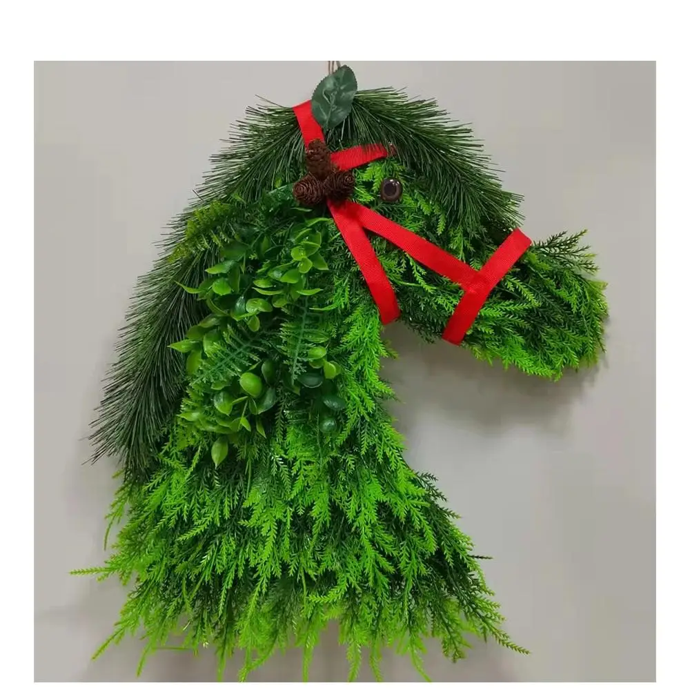 Winter Wreath Farm Houses Horse Head Christmas WreathArtificial Xmas Horse Head Wreath for Outdoor Indoor Wall Decoration