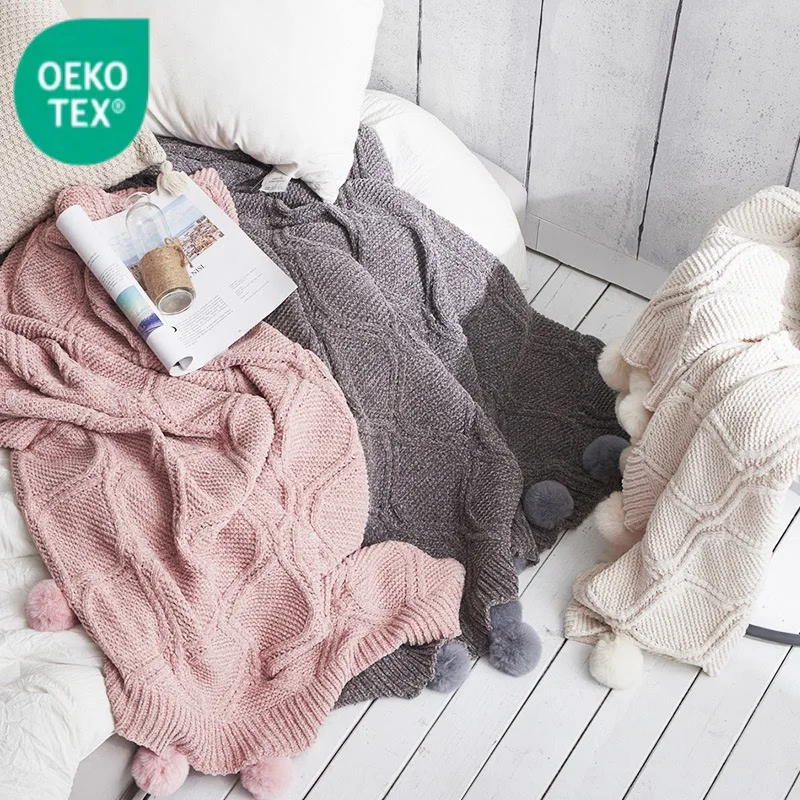 Большой Размер трикотажное одеяло для кондиционирования воздуха покрывало дивана подарочное с помпоном сертификат OEKO