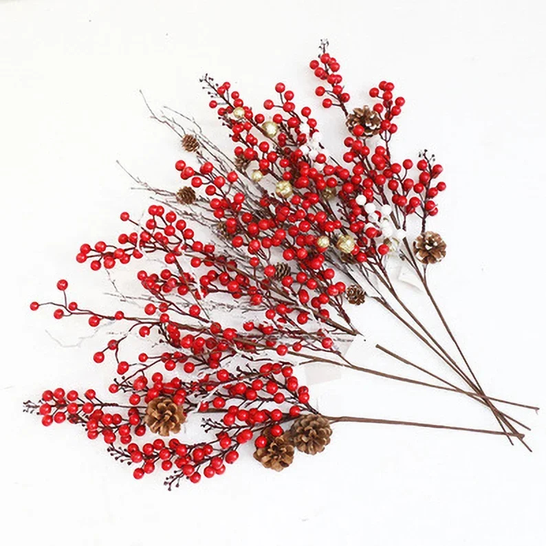 Artificial Foam Berry With Pine Cone Leaf and Yellow Bead Red and White Fruit Single Steam Plant and Fork Simulation Branch