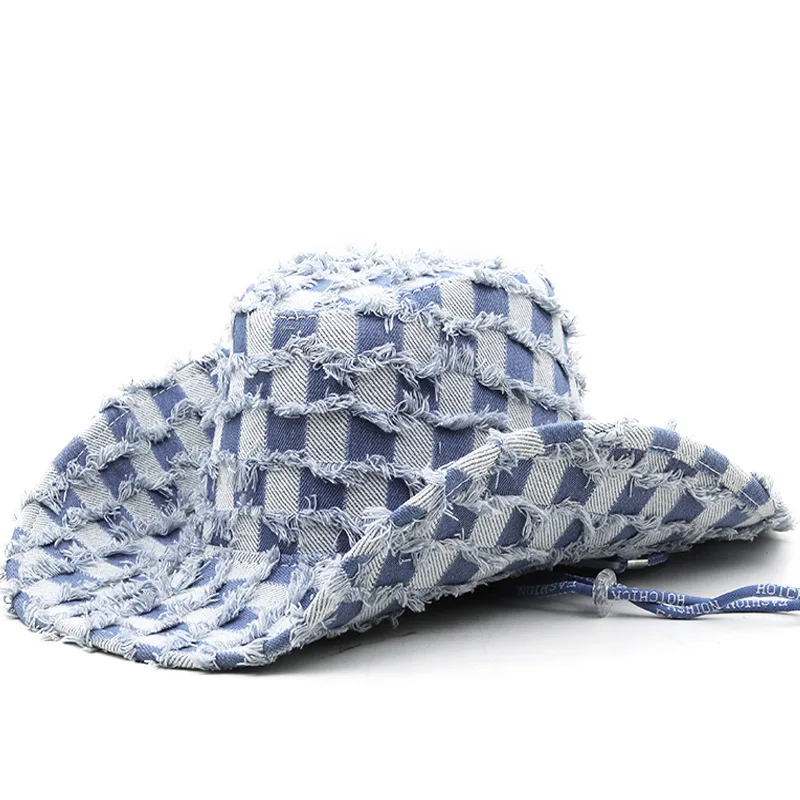 wholesale newest men women jeans sunhat Summer denim cowboy hats Wide Brim Sunhats With rope