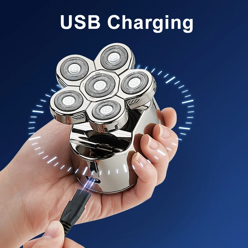 silver baldheaded razor machine with 6 head USD portable 6D individual floating blade electric shaver