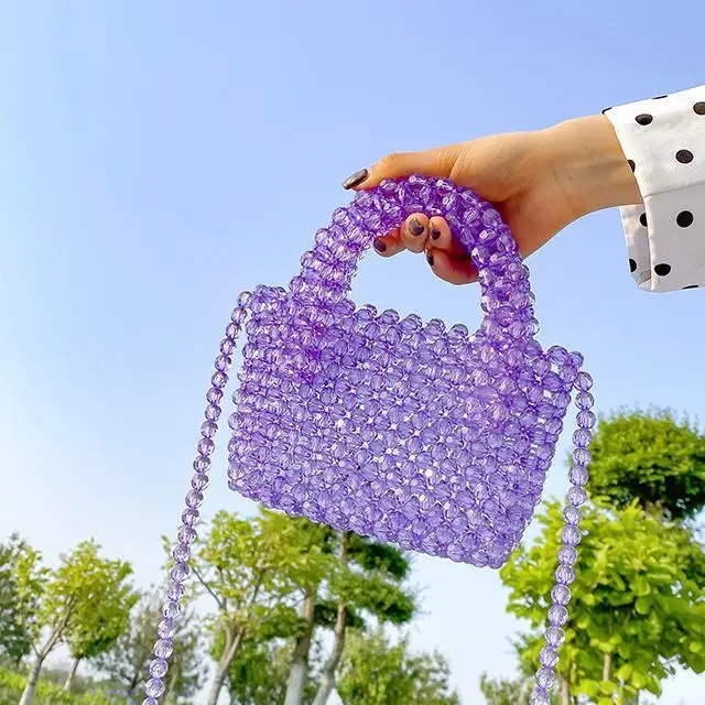 Diy Hand woven colorful beads bag women transparent crystal beaded bag handbag
