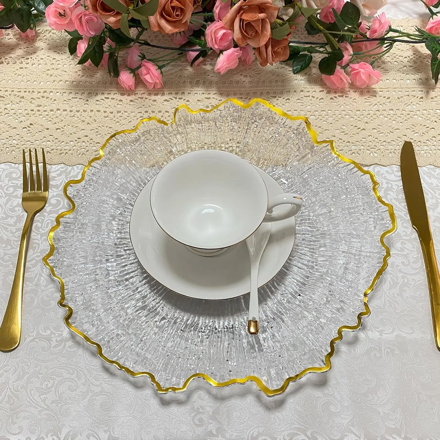 Gold Clear Charger Plates Bulk 13 Inch Plastic Charger Plates with Gold Rim Round Decorative Charger Plates for Event