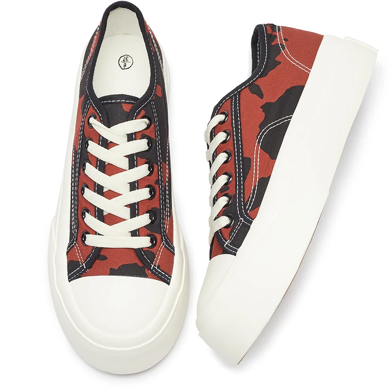 High Quality Custom Print Cow Lace Up Canvas Trendy Platform Shoes Rubber Sole White Shoes For Women