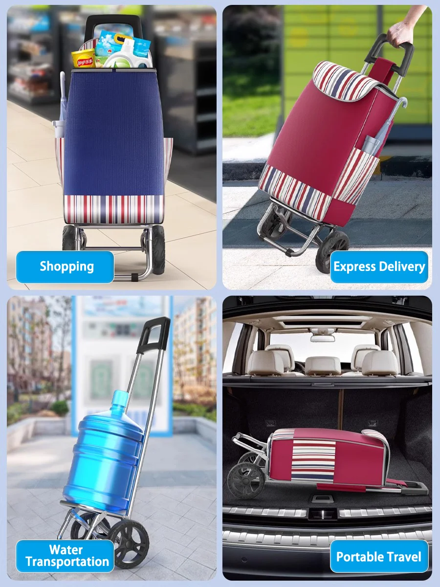 Wholesale Portable Supermarket Trolley Bag Wheels Reusable Waterproof  Metal Carton Plastic Foldable Shopping Trolley Cart