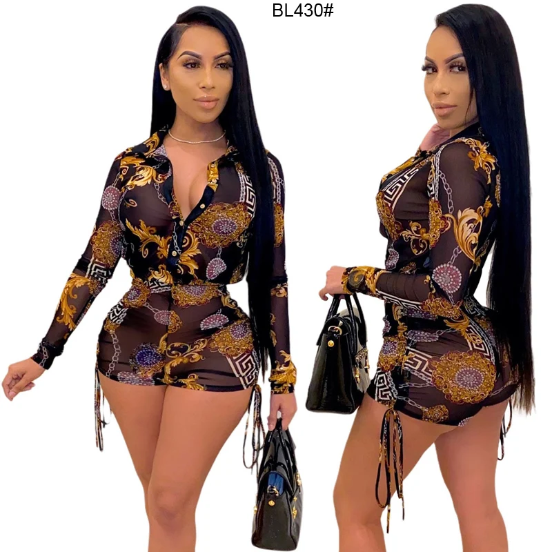 
European and American sexy fashion See through Mesh Yarn printing top and pants two-piece suit 