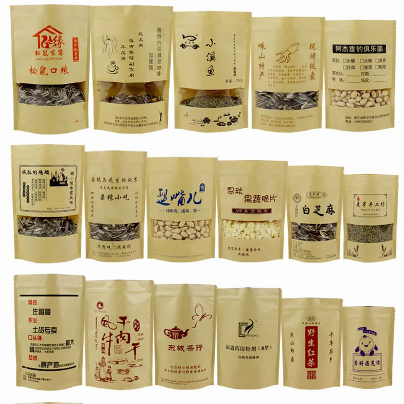 Recyclable Kraft Paper Sachet Stand Up Food Pouch Kraft Paper Doypack Bag With Window, Sachet Ziplock Kraft Stand Up Paper Pouch