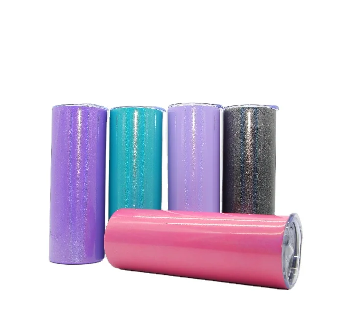 20oz  Stainless Steel Double rainbow shimmer paint Sublimation blank skinny glitter Travel Tumbler with lid and straw