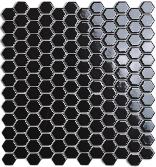 Modern 23x26mm Hexagon Black Porcelain Mosaic Wall Tile Mesh Mounted Decorative Ceramic Tiles for Hotel Pool Interiors 260x300mm