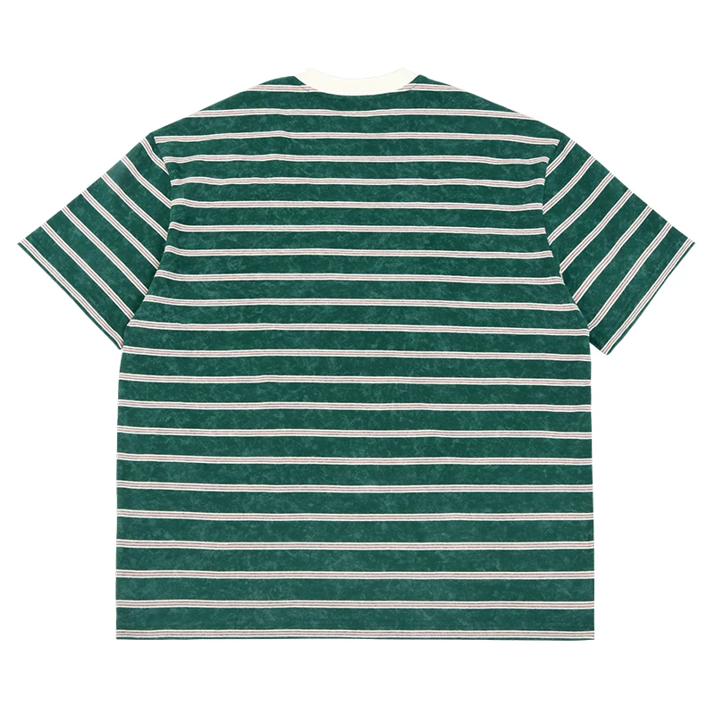 custom 280G heavy fashion couple tshirt vintage wash stripes contrast color round neck short-sleeves T-shirt
