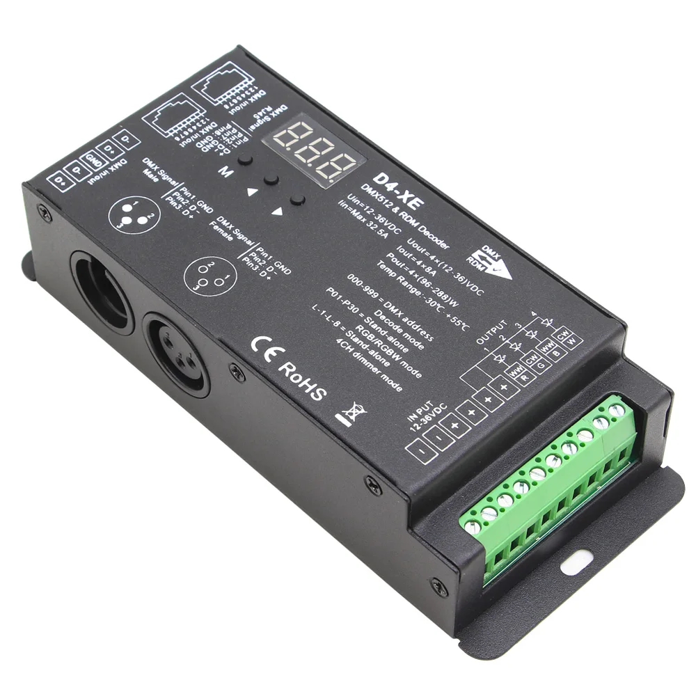 D4-XE 4-канальный RGBW DMX 512 RDM декодер PWM частота XLR3 RJ45 RGB DMX512 цифровой контроллер