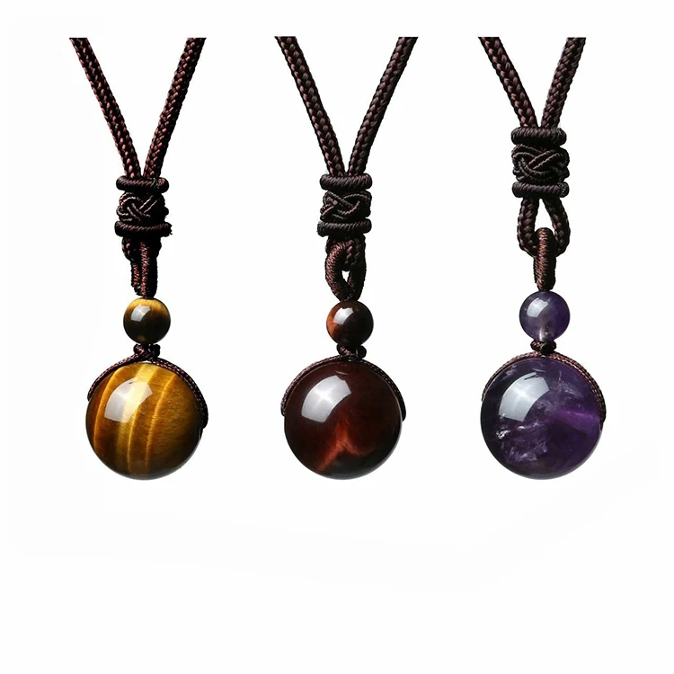 Y158 Wholesale Colliers Adjustable Rope Chain 16mm Natural Stone Black Obsidian Amethyst Pendant Fashion Jewelry Necklaces