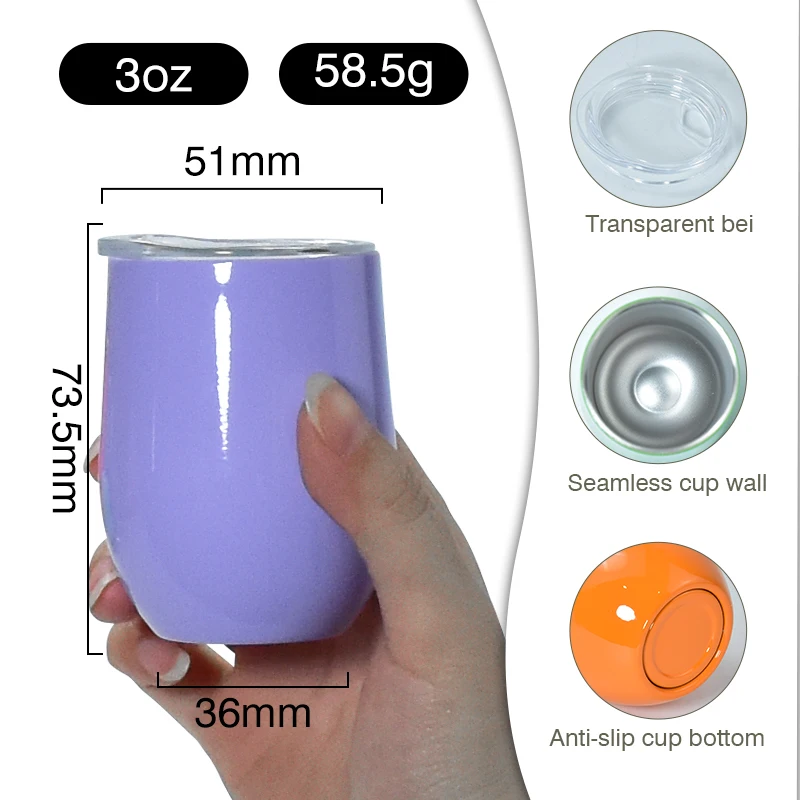 New shot glasses 3oz egg shape sublimation wine tumbler double wall insulated mini cup with plastic lid mix 12colors