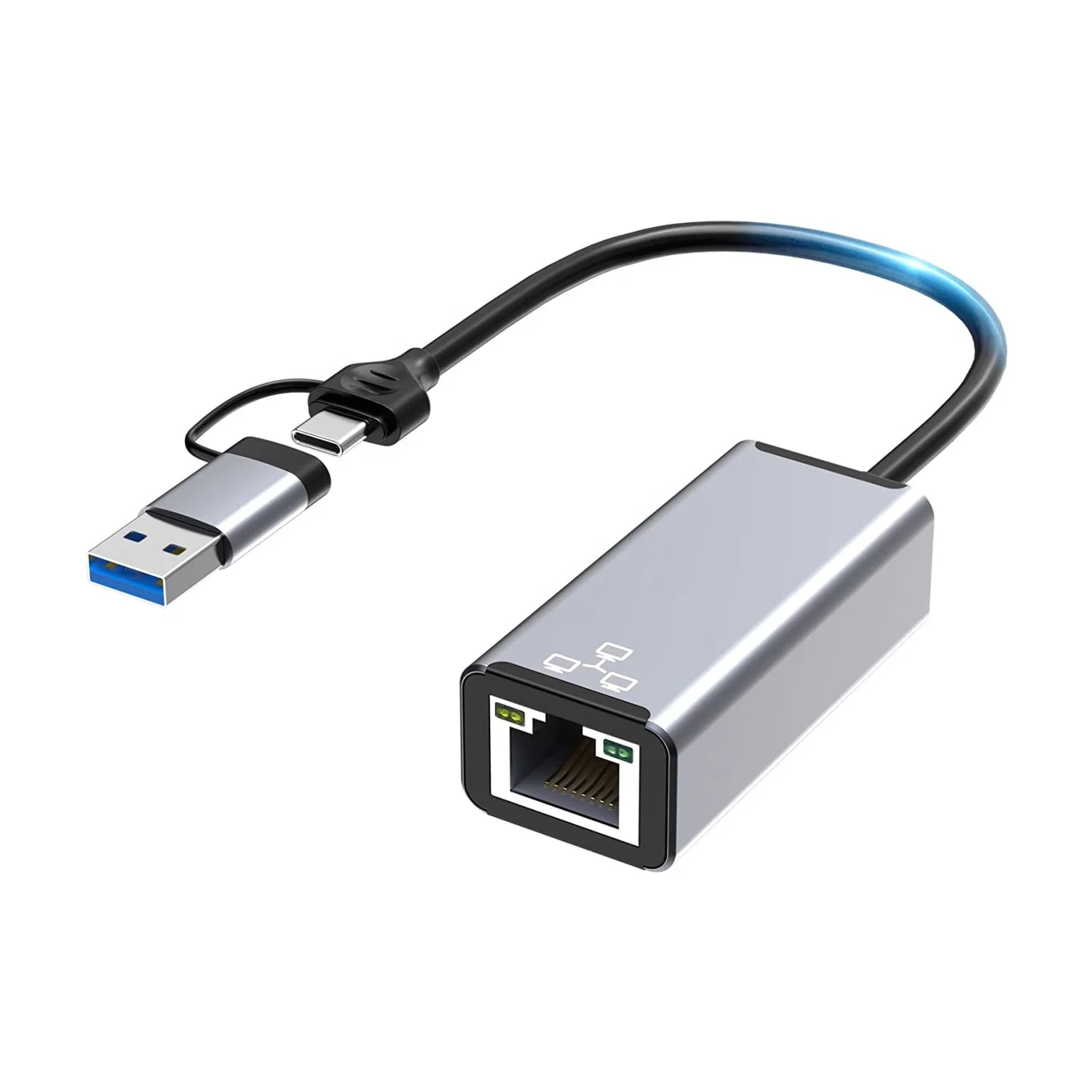 2 in 1 USB A and USB C to Ethernet RJ45 10 / 100 / 1000 Gigabit LAN Network Adapter for MacBook Pro / Air , iPad Pro and more