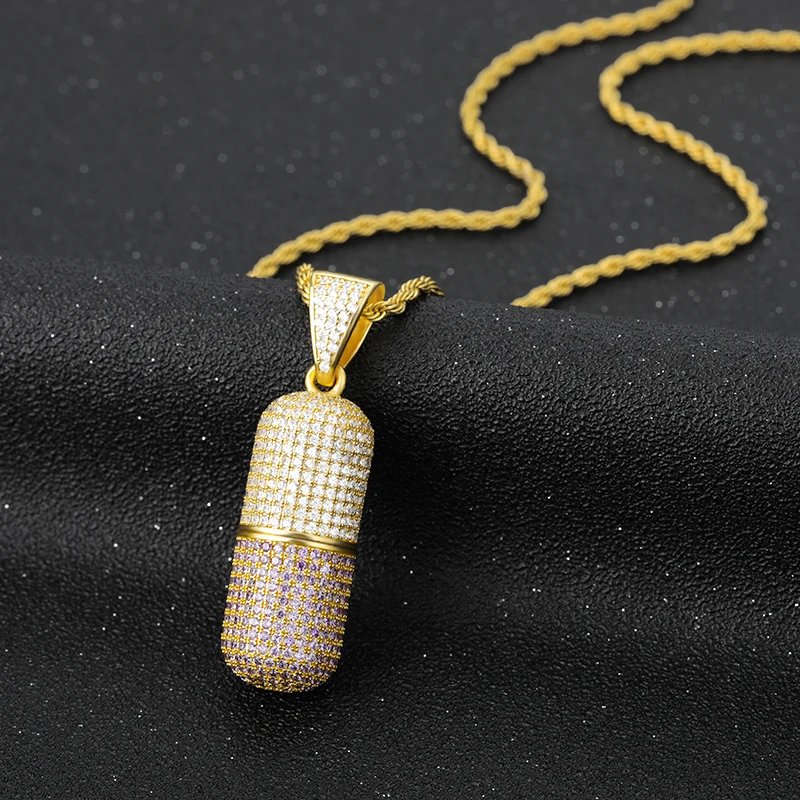 DUYIZHAO Hip Hop Pendant with 3mm Stainless Steel Rope Chain  Gold Plated Micro Pave CZ 3D Pill Capsule Removable Pendant