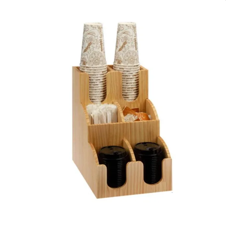 Bamboo Coffee Station Organizer 6 Compartments Condiment Rack Wooden Disposable Cups Holder Dispenser