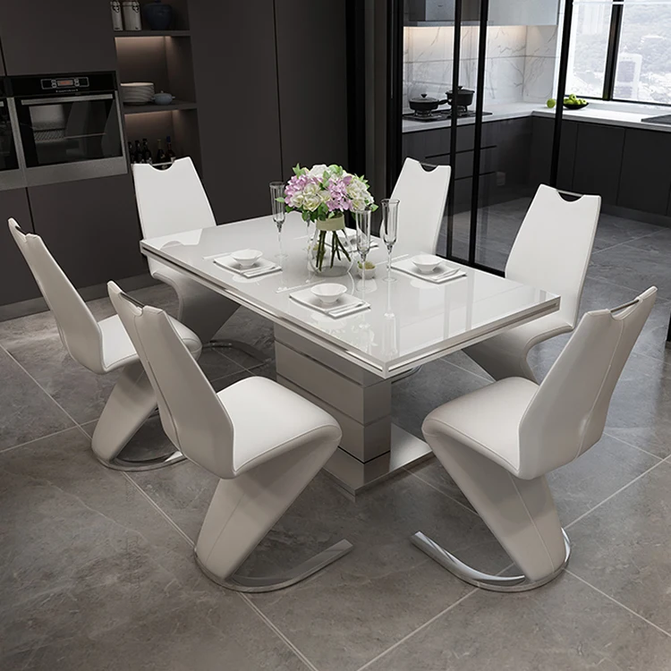 Hot selling Modern Style Wooden Painted Nesting Dinning room furniture Tempered glass Tables and chairs set  for 6 person