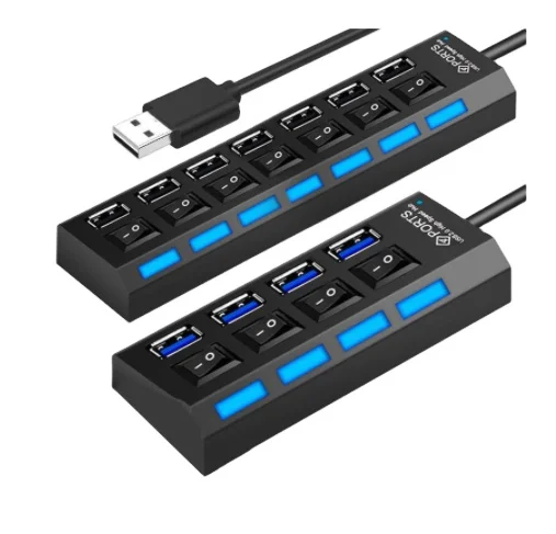 USB 2.0 Hub Multi USB Splitter Hub Use Power Adapter 4/7 Port Multiple Expander USB 3.0 Hub with Switch 30CM Cable