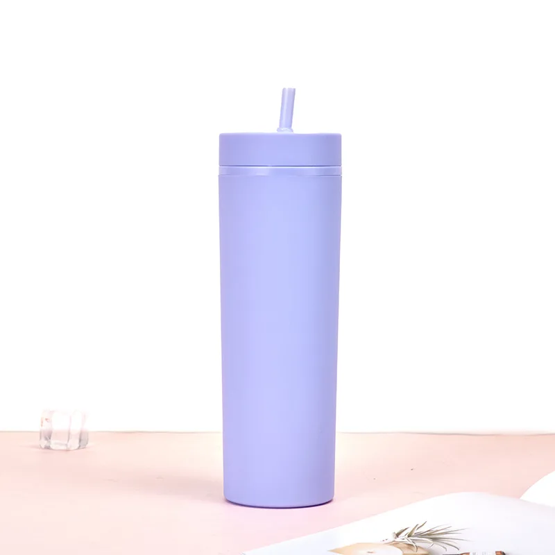 Portable Tumbler Cup Matte Plastic Water Bottle with Reusable Straw and Lid Double Wall Custom Logo Straight Cup