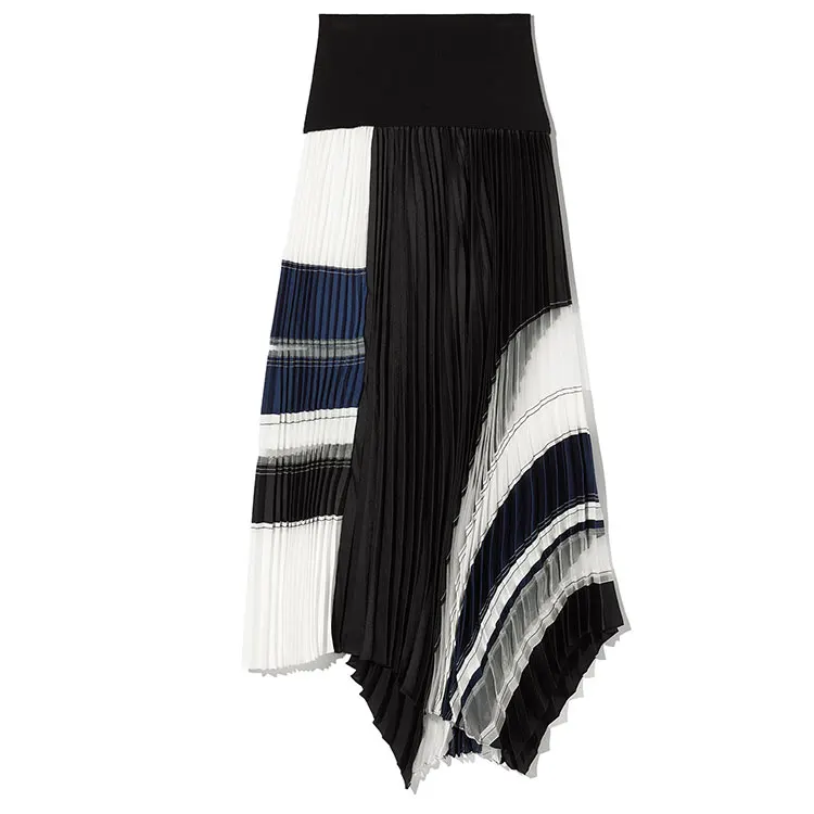 color blocking asymmetric elegant skirts ladies white and black pleated skirts women designer pattern skirt