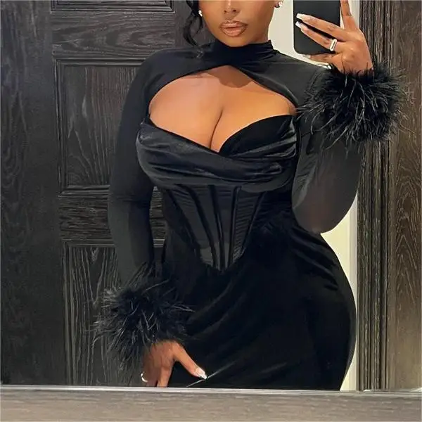 2024 spring solid turtle neck long sleeve fur trim openwork bodycon dress for women elegant