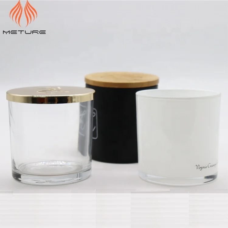 large 14 oz clear white black glass candle jars with sealed metal gold lids