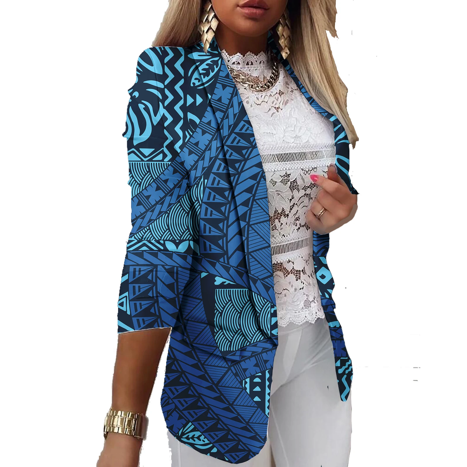 Direct Sales Ladies Casual Suits Elegant Straight Polynesian Hawaii Floral Heat Transfer Printing Ladies Blazer