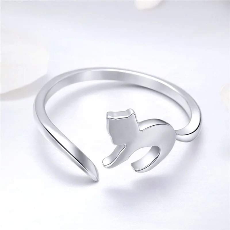 925 Sterling Silver Jewelry Animal Naughty Cat Open Ring For Women