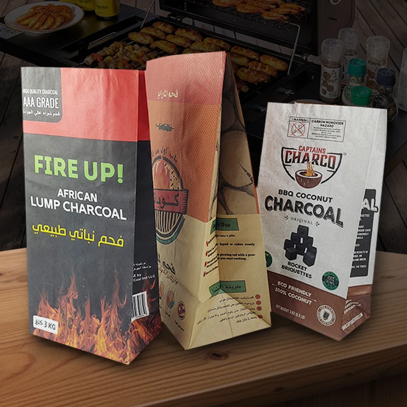 Custom Design 5kg10kg Coconut Shell Charcoal Packaging Double Layer Kraft Paper Compressed Charcoal Paper Bag