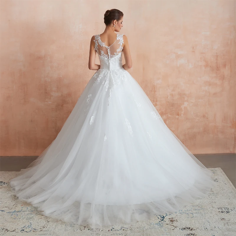 Custom Luxury White Lace Princess Long Women Tulle Applique Prom Party Wedding Dress