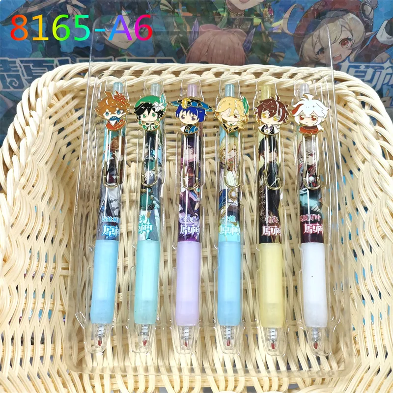 6Pcs kawaii Metal Doll Game Genshin Impact Cartoon Stationery Gel Pen Wanderer Tartaglia Barbatos Kaveh Zhongli Kaedehara Kazuha