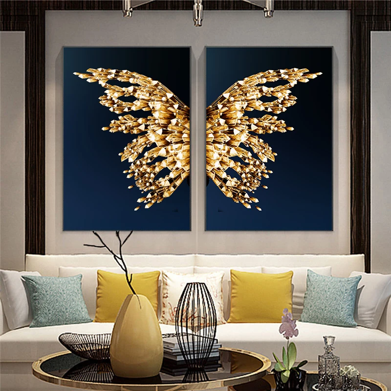 2 panels canvas art print gold butterfly wall painting  for  dinning room home hotel cafe decoration
