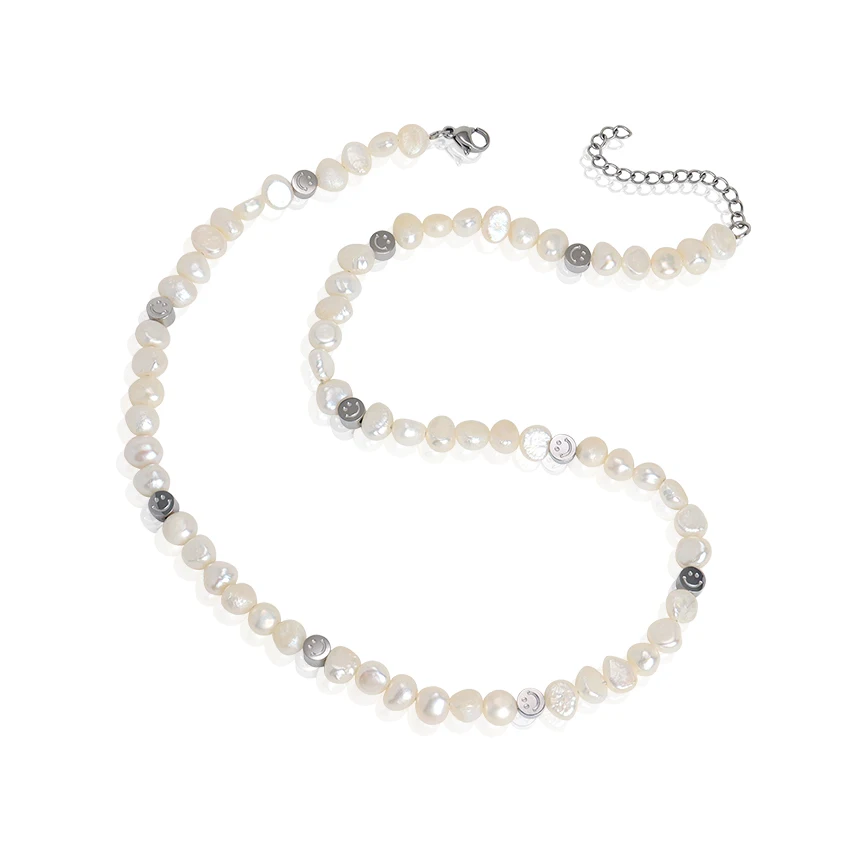 Hot Selling Baroque Pearl Stainless Steel Smile Charms Bean Silver Color Men Jewelry Natural Pearl Necklace