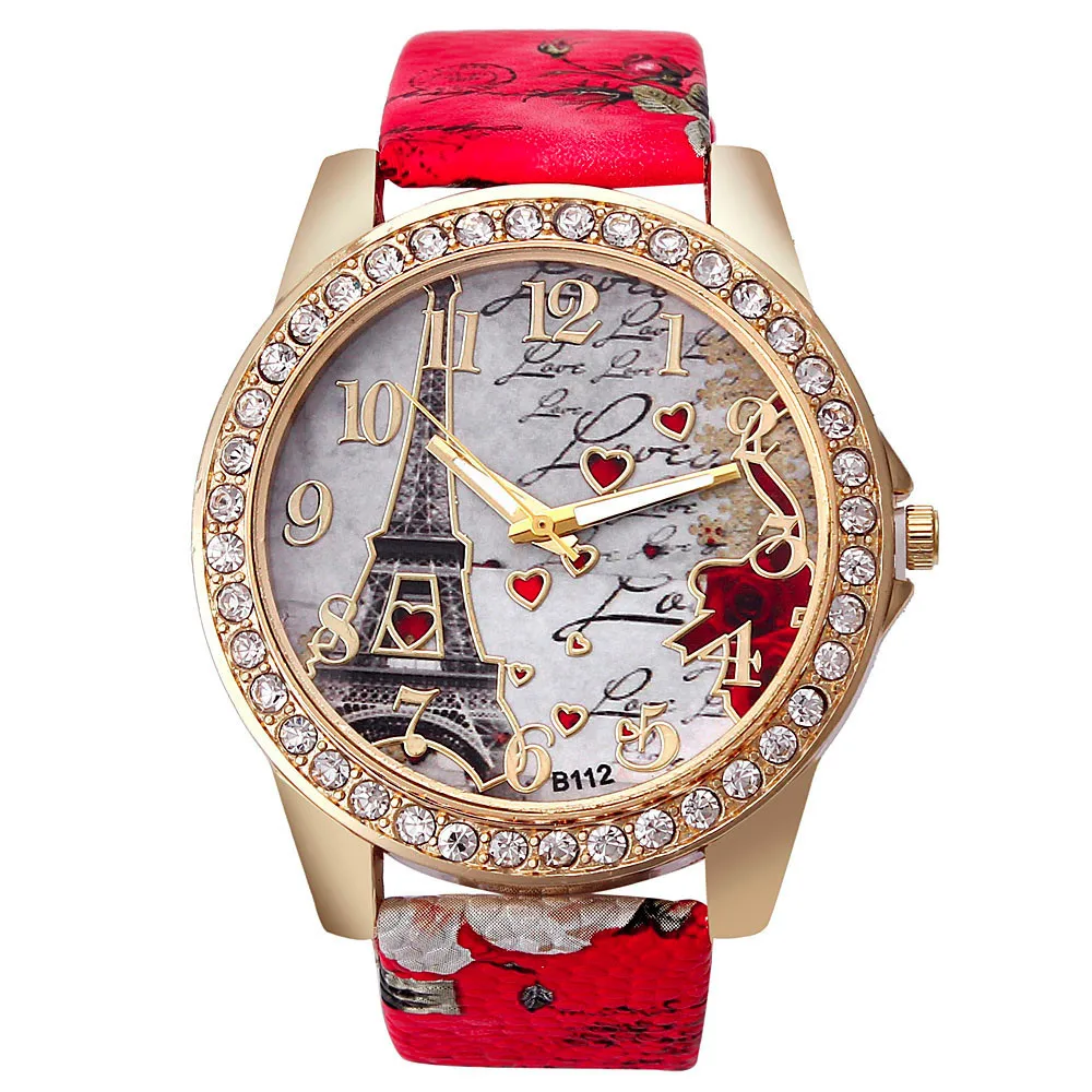 Luxury Crystal Paris Eiffel Tower Watches Fashion Diamond Leather Belt Quartz Wrist Ladies Watches Women Luxury Gift Watch