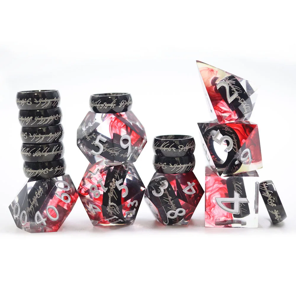 Transparent Sharp Edge Polyhedral Black Lord of the Ring Dice Set 7Pcs DND Game Dice Set With White Numbers