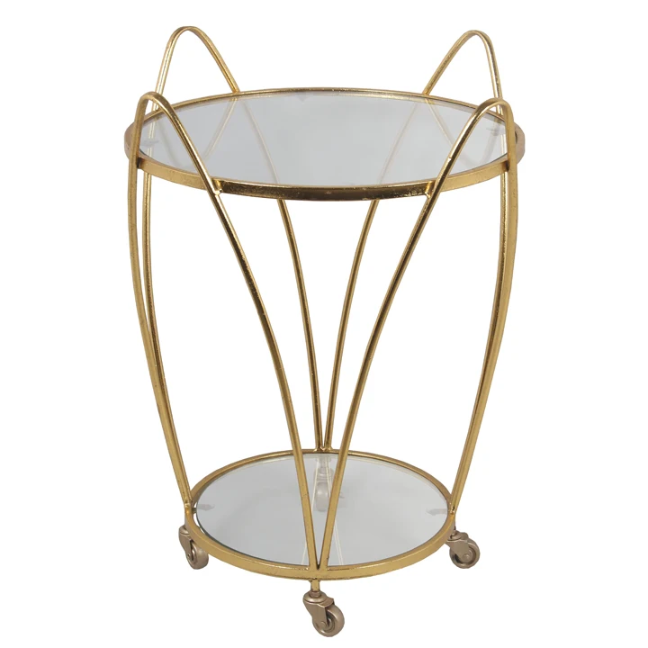 Round Metal Gold Rolling Serving Bar Cart Trolley with 4 Wheels Mirrored Glass Top for Kitchen Living Room Hotel